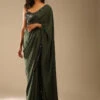 Olive Green Saree In Crepe With Sequins Ruffle On The Border, Sequins Blouse With Front Cut Out And Embellished Belt -Lillys Clothing Shop Kalki1075