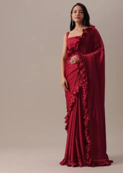 Red Plain Satin Saree And Sleeveless Blouse With Cut Dana Lace