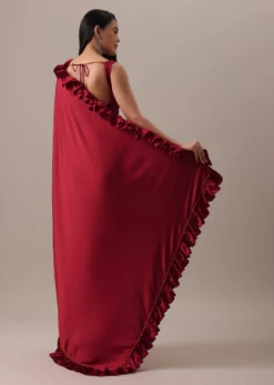 Red Plain Satin Saree And Sleeveless Blouse With Cut Dana Lace -Lillys Clothing Shop Kalki1081