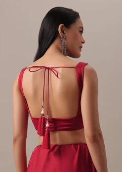 Red Plain Satin Saree And Sleeveless Blouse With Cut Dana Lace -Lillys Clothing Shop Kalki1083