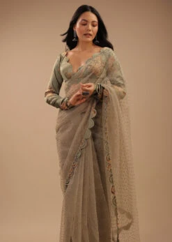 Tea Green Organza Saree With Self Buttis And A Floral Printed Satin Blouse -Lillys Clothing Shop Kalki1116