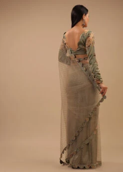 Tea Green Organza Saree With Self Buttis And A Floral Printed Satin Blouse -Lillys Clothing Shop Kalki1118