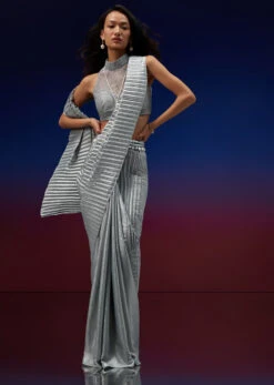 Powder Blue Silver Foil Open Saree With Net Blouse