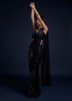 Navy Blue Ready Pleated Saree Embellished In Sequins And Velvet Crop Top With Double Straps On The Shoulders