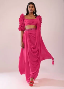 Rani Pink Drape Saree With Fancy Blouse In Crepe