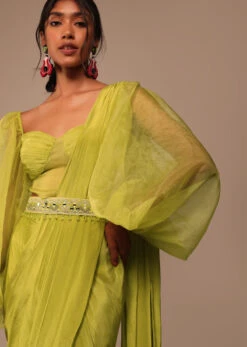 Mustard Yellow Saree With Bishop Sleeve Blouse And Hand Worked Belt -Lillys Clothing Shop Kalki1151