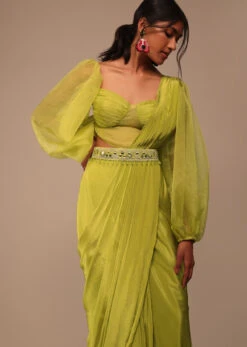 Mustard Yellow Saree With Bishop Sleeve Blouse And Hand Worked Belt -Lillys Clothing Shop Kalki1152