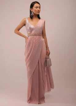 Peach Saree With A Crop Top Crafted In Net With Sequins Embroidery
