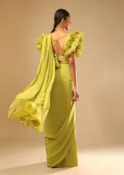 Lime Green Saree In Crepe With Elaborate Ruffle Sleeved Crop Top And Heavy Stone Embroidered Belt -Lillys Clothing Shop Kalki1276