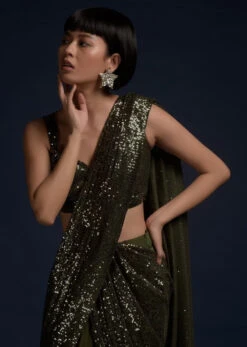 Olive Green Ready Pleated Saree In Crepe With Sequins Pallu And Matching Sleeveless Blouse -Lillys Clothing Shop Kalki1313