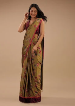 Sulphur Yellow Ready Pleated Saree With Floral Print And Contrast Red Sequins Blouse -Lillys Clothing Shop Kalki1316