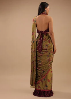 Sulphur Yellow Ready Pleated Saree With Floral Print And Contrast Red Sequins Blouse -Lillys Clothing Shop Kalki1319