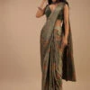Tea Green Ready Pleated Satin Saree With Floral Print And Sequins Blouse