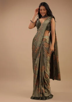 Tea Green Ready Pleated Satin Saree With Floral Print And Sequins Blouse