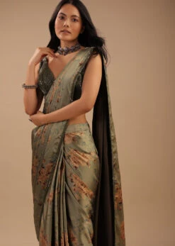 Tea Green Ready Pleated Satin Saree With Floral Print And Sequins Blouse -Lillys Clothing Shop Kalki1321