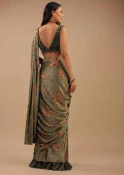 Tea Green Ready Pleated Satin Saree With Floral Print And Sequins Blouse -Lillys Clothing Shop Kalki1323