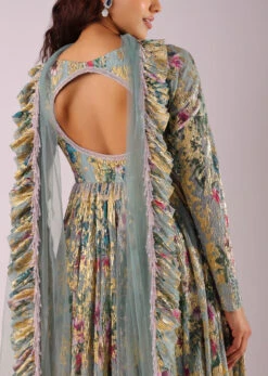 Aqua Green Embroidered Anarkali Suit Set In Foil Knit With Foil Print And Ruffle Border Dupatta -Lillys Clothing Shop Kalki159