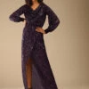 Wine Purple Gown Embellished In Sequins With Cowl Neckline And Peasant Sleeves 17 Wine Purple Gown Embellished In Sequins With Cowl Neckline And Peasant Sleeves -Lillys Clothing Shop Kalki1740