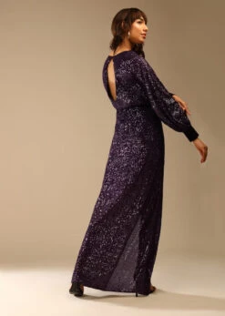Wine Purple Gown Embellished In Sequins With Cowl Neckline And Peasant Sleeves -Lillys Clothing Shop Kalki1742