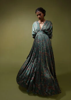 Steel Blue Gown In Satin With Floral Print And Fancy Gathered Sleeves With Adjustable Tassel Dori And Plunging Neckline -Lillys Clothing Shop Kalki1753