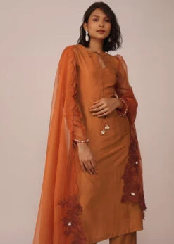 Orange Suit Set In Art Silk With Tassles On The Sleeves And Dupatta -Lillys Clothing Shop Kalki1832