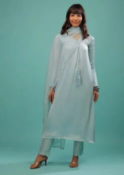 Powder Blue Bemberg Silk Kurti Suit With Dupatta And Silk Pants