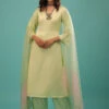Lime Green Linen Satin Straight Cut Palazzo Suit With Floral Embroidery On The Sleeves -Lillys Clothing Shop Kalki1880