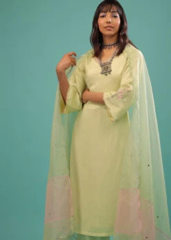 Lime Green Linen Satin Straight Cut Palazzo Suit With Floral Embroidery On The Sleeves -Lillys Clothing Shop Kalki1881