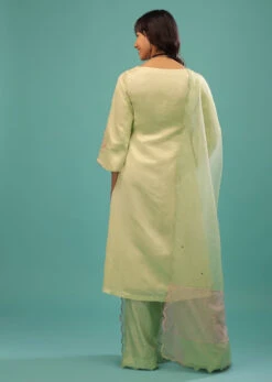 Lime Green Linen Satin Straight Cut Palazzo Suit With Floral Embroidery On The Sleeves -Lillys Clothing Shop Kalki1883