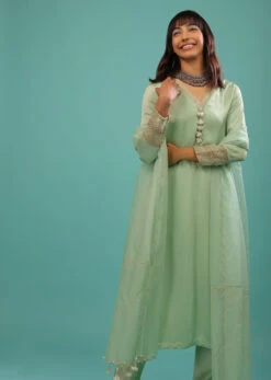Mint Green Bemberg Satin A Line Suit With Moti Tassels And Organza Dupatta -Lillys Clothing Shop Kalki1886