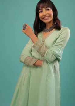Mint Green Bemberg Satin A Line Suit With Moti Tassels And Organza Dupatta -Lillys Clothing Shop Kalki1887