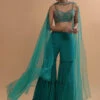 Teal Sharara And Crop Top Set With Colorful Resham, Cut Dana And Moti Embroidered Spring Blooms -Lillys Clothing Shop Kalki1925