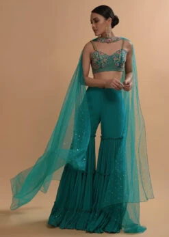 Teal Sharara And Crop Top Set With Colorful Resham, Cut Dana And Moti Embroidered Spring Blooms
