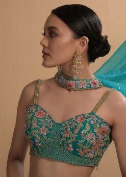 Teal Sharara And Crop Top Set With Colorful Resham, Cut Dana And Moti Embroidered Spring Blooms -Lillys Clothing Shop Kalki1928