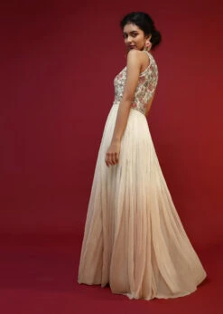 Off White Anarkali Suit With Halter Neckline And Adorned In Multicolored Hand Embroidered Floral Design On The Bodice -Lillys Clothing Shop Kalki1933