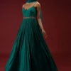 Teal Anarkali Suit In Georgette With Multi Colored Sequins Embroidered Floral Buttis And Cut Dana Embellished Waistline