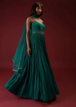 Teal Anarkali Suit In Georgette With Multi Colored Sequins Embroidered Floral Buttis And Cut Dana Embellished Waistline -Lillys Clothing Shop Kalki1936