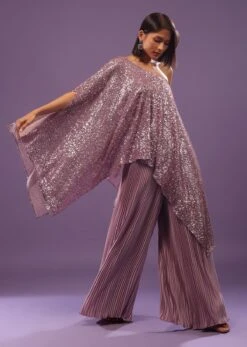 Lilac Purple Palazzo Top Set In Sequins And Pleated Satin