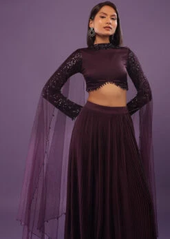 Wine Purple Embroidered Lehenga Set In Satin -Lillys Clothing Shop Kalki2131