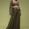 Military Olive Green Palazzo And A Crop Top Set, Paired With A Cape With Sequins Embroidery On It 17 Military Olive Green Palazzo And A Crop Top Set, Paired With A Cape With Sequins Embroidery On It -Lillys Clothing Shop Kalki2135