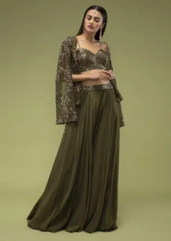 Military Olive Green Palazzo And A Crop Top Set, Paired With A Cape With Sequins Embroidery On It