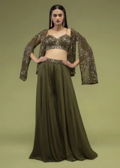 Military Olive Green Palazzo And A Crop Top Set, Paired With A Cape With Sequins Embroidery On It -Lillys Clothing Shop Kalki2137