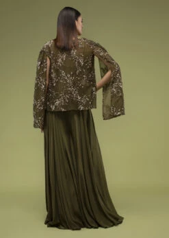 Military Olive Green Palazzo And A Crop Top Set, Paired With A Cape With Sequins Embroidery On It -Lillys Clothing Shop Kalki2138