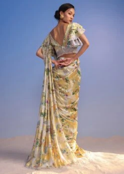 White Ready-To-Wear Saree In Crush With Floral Foil Print -Lillys Clothing Shop Kalki2159