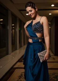 Persian Blue Pre-Pleated Satin Saree With Embroidered Blouse And Belt -Lillys Clothing Shop Kalki2186