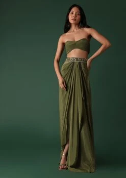 Olive Green Pleated Skirt And Top Set In Crepe -Lillys Clothing Shop Kalki2194