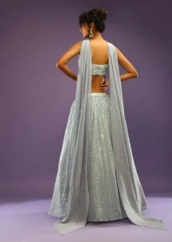 Sky Blue Sequins Lehenga With Moti Embroidered Crop Top And Shimmer Dupatta -Lillys Clothing Shop Kalki2258