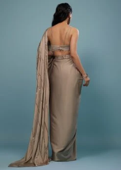 Taupe Brown Embroidered Ready-Pleated Satin Saree -Lillys Clothing Shop Kalki2263