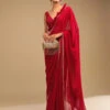 Cherry Red Saree In Georgette With Sequins And Cut Dana Embellished Border And A Ruffle Frill Adorned Crop Top
