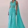 Teal Blue Drape Saree And Fany Halter Neck Blouse Set In Satin With Cutdana Embroidery